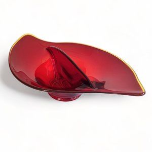 Vtg Viking Glass Ruby Red Amber Trim Divided Tray Dish Bowl Oblong Shape 1960s